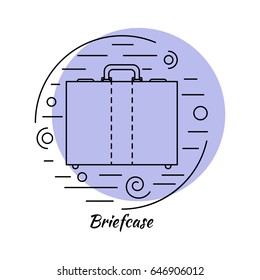 Linear icon style picture. Briefcase bag in circle collage with decorative elements - lines and swirls. Color background. Vector illustration.