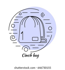 Linear icon style picture. Cinch bag in circle collage with decorative elements - lines and swirls. Color background. Vector illustration.