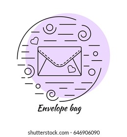 Linear icon style picture. Envelope bag in circle collage with decorative elements - lines and swirls. Color background. Vector illustration.