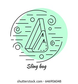 Linear icon style picture. Sling bag in circle collage with decorative elements - lines and swirls. Color background. Vector illustration.