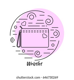 Linear icon style picture. Wristlet bag in circle collage with decorative elements - lines and swirls. Color background. Vector illustration.