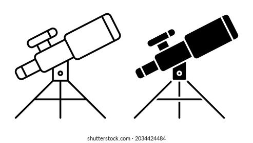 Linear icon. Telescope for observing space, stars and planets of solar system. Space exploration. Simple black and white vector on white background