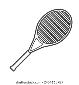 Icono lineal de una raqueta de tenis. Ilustración de estilo Vector en blanco y negro.