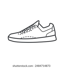 Linear icon of tennis sneakers, designed with reinforced lateral support for quick movements on the court. Vector illustration in black and white, line art style.