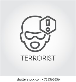 Linear icon of terrorism concept. Sign of abstract mans face and exclamation mark. Dangerous gangster, bandit, killer label. Warning symbol. Vector outline pictograph