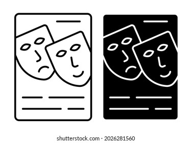 Linear icon. Theatrical advertising poster. Announcement of premiere with theatrical masks. Simple black and white vector isolated on white background