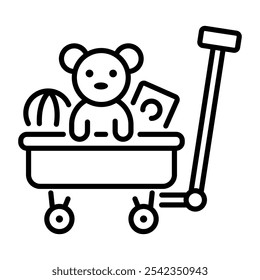 A linear icon of toy cart filled with various toys 