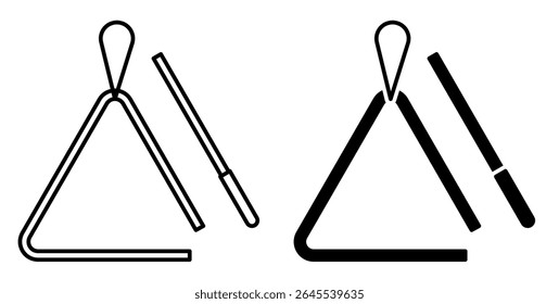 Linear icon. Triangular musical instrument vibrating at different frequencies from the blow of a short metal stick. Simple black and white vector isolated on white background