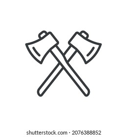 Icono lineal de dos ejes cruzados. Una simple imagen de hachas para deforestación y tala de madera. Vector aislado sobre fondo blanco puro.