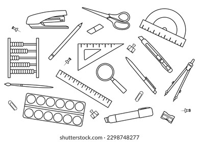 Linearsymbol, Vektorgrafik, Schulmaterial und Büromaterial, zurück zur Schule, Doodle und Skizze