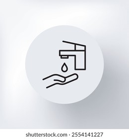 Linear icon of washing hands under a tap in a circle on a light gray background.