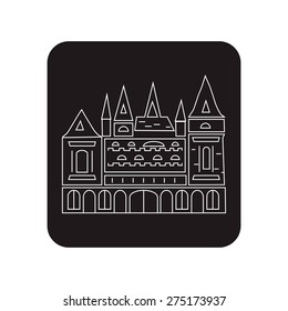 Linear icon, white silhouette of an old castle on a black background. Vector illustration.