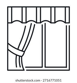Icono lineal de una ventana con cortinas y un borde superior decorativo sobre un fondo blanco