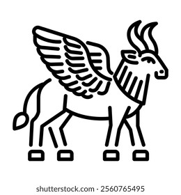 A linear icon of winged bull 