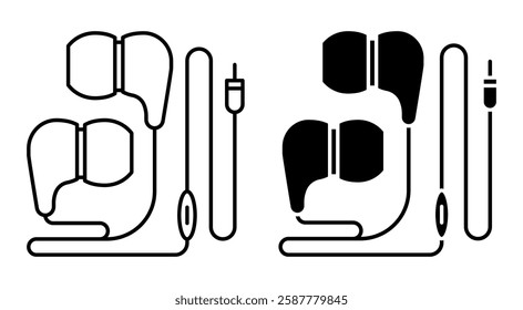 Linear icon. Wired earphones with wire and volume control. Gadget accessories for listening to music. Simple black and white vector isolated on white background