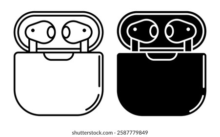 Linear icon. Wireless headphones in protective charging case with flip cover. Portable device for listening to music. Simple black and white vector isolated on white background