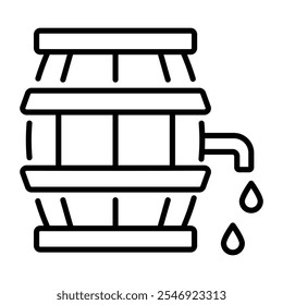 A linear icon of a wooden barrel with a spigot and liquid dripping