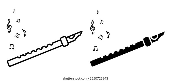 Ícone linear. Flauta de madeira toca melodia. As notas sobem para o ar. Vetor preto e branco simples isolado no fundo branco