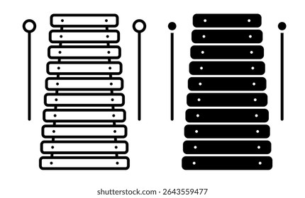 Ícone linear. Instrumento musical xilofone de idiofones de percussão. Xilofone feito de placas de comprimentos variados e bastões de percussão. Vetor preto e branco simples isolado no fundo branco