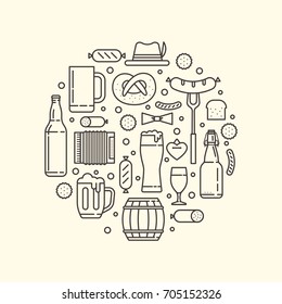 Linear of icons for beer festival on white background. Object on theme Oktoberfest: beer mug, sausage, pretzel, bavarian hat, accordion, gingerbread, barrel,bottle of beer.