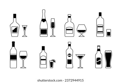 Iconos lineales de bebidas en blanco y negro. Colección de botellas de alcohol y vasos en estilo de arte en línea. Pancarta con fondo de diseño plano. Ilustración vectorial.