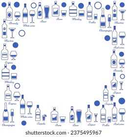 Linear icons of beverages in flat design stylized in circle. Alcohol bottles and glasses concept with place for text. Template for invitation, card or banner in line art style. Vector illustration.