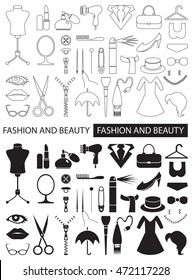 linear icons and black on white background on fashion and beauty, clothing