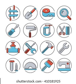 Linear icons with building tools and objects repair