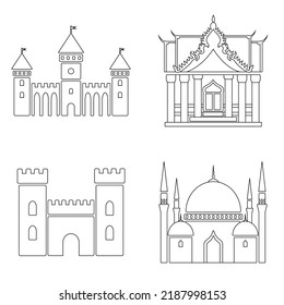 Linear icons of buildings. Vector collection. Castle, temple, fortress and mosque. Architecture. Silhouette. 