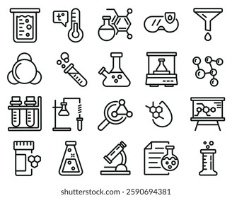 Linear icons chemistry set. Linear icons of laboratory equipment and chemical reactions