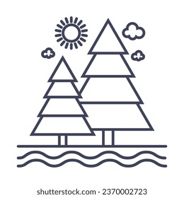 Linear icons of a Christmas tree and the sun, a forest massif, an outdoor recreation area. Vector linear illustration isolates.