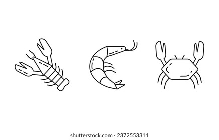 Iconos lineales de crustáceos aislados sobre fondo blanco. Pictogramas de línea de langosta, cangrejo y camarón. Conjunto de iconos de contorno de mariscos. Adecuado para web, etiquetas de productos, menú, aplicaciones.