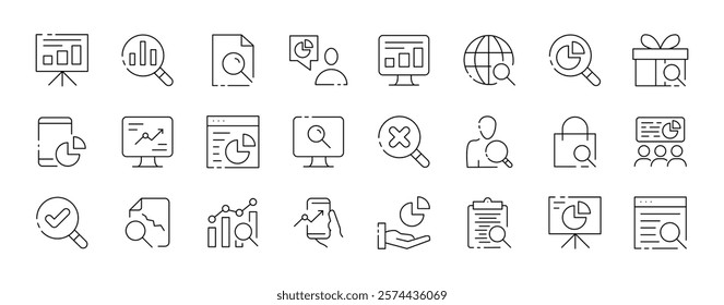 Linear icons of data analysis and business tools. Vector icon