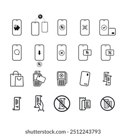 
Ícones lineares de pagamentos digitais ou através de telefone celular usando aplicativos, carteira virtual ou plataformas de pagamento no comércio eletrônico