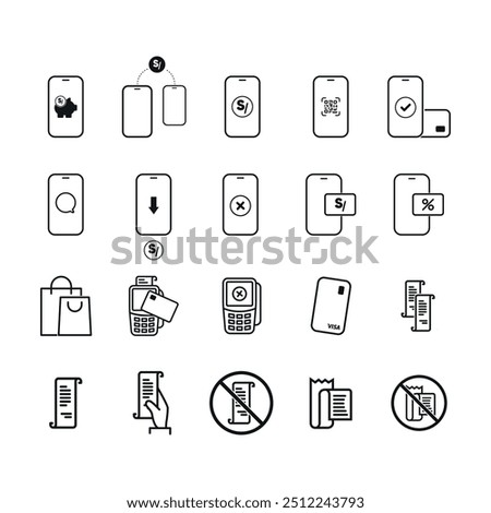 
Linear icons of digital payments or through mobile phone using applications, virtual wallet or payment platforms in ecommerce