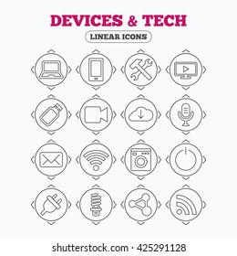 Linear icons with direction arrows. Devices and technologies icons. Notebook, smartphone and wi-fi symbols. Usb flash, video camera, microphone thin outline signs. Washing machine, fluorescent lamp.