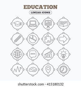 Linear icons with direction arrows. Education icons. Graduation cap, pencil and book symbols. Notebook, presentation and speech bubble thin outline signs. Pie chart, piece of puzzle and arrow.