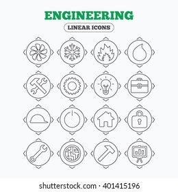 Linear icons with direction arrows. Engineering icons. Ventilation, heat and air conditioning symbols. Water supply, repair service and circuit board thin outline signs. Lamp, house and locker.