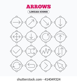 Linear icons with direction arrows. Arrows line icons. Download, upload, check or tick symbols. Refresh, fullscreen and shuffle thin outline signs. Circle buttons.