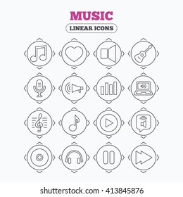 Linear icons with direction arrows. Music icons. Musical note, acoustic guitar and microphone. Notebook, dynamic and headphones symbols. Circle buttons.