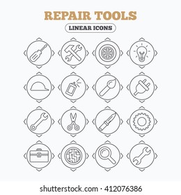 Linear icons with direction arrows. Repair tools icons. Hammer with wrench key, wheel and brush. Screwdriver, electric plug and scissors. Circuit board, magnifying glass and construction helmet.