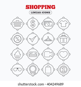 Linear icons with direction arrows. Shopping icons. Shopping cart, dollar currency and cash money. Shirt clothes, gift box and hanger. Credit or debit card. Circle buttons.