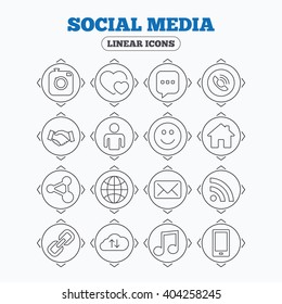 Linear icons with direction arrows. Social media icons. Speech bubble, lovers relationships and human person. Rss, share and mail envelope. Musical note, smartphone and smile. Circle buttons.