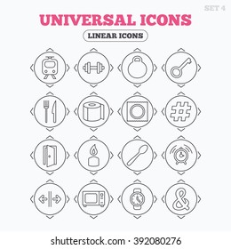 Linear icons with direction arrows. Universal icons. Fitness dumbbell, home key and candle. Toilet paper, knife and fork. Microwave oven. Circle buttons.