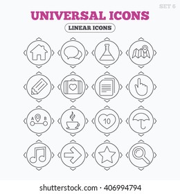 Linear icons with direction arrows. Universal icons. House building, speech bubbles and first aid box. Copy documents, like counter and hot coffee drink. Map pointer, arrow and favorite star.