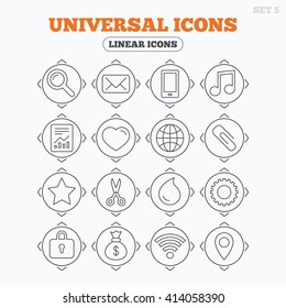 Linear icons with direction arrows. Universal icons. Smartphone, mail and musical note. Heart, globe and share symbols. Paperclip, scissors and water drop. Circle buttons.