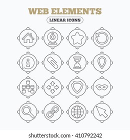 Linear icons with direction arrows. Web elements icons. Paperclip, video camera and information speech bubble. Database, anonymous mask and secure shield. Circle buttons.