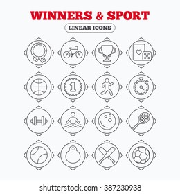 Linear icons with direction arrows. Winners and sport icons. Winner cup, medal award and first place emblem. Bike, playing card with dice and runner. Fitness dumbbell, basketball, football balls.