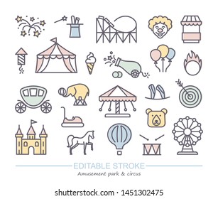 Linear icons with editable stroke on the theme of circus and amusement Park