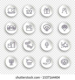 Linear icons of event and holidays on white stickers with transparent shadows
